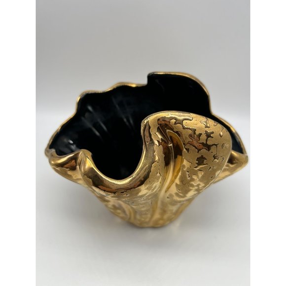 Vintage UPCO 30 Ceramic Vase Gold Textured Black Inside Wave Edge Design MCM - Picture 1 of 7